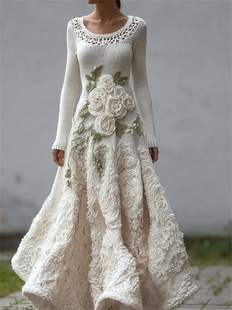 Classy White Roses Lace Patchwork Cozy Maxi Sweater Dress elevenforest