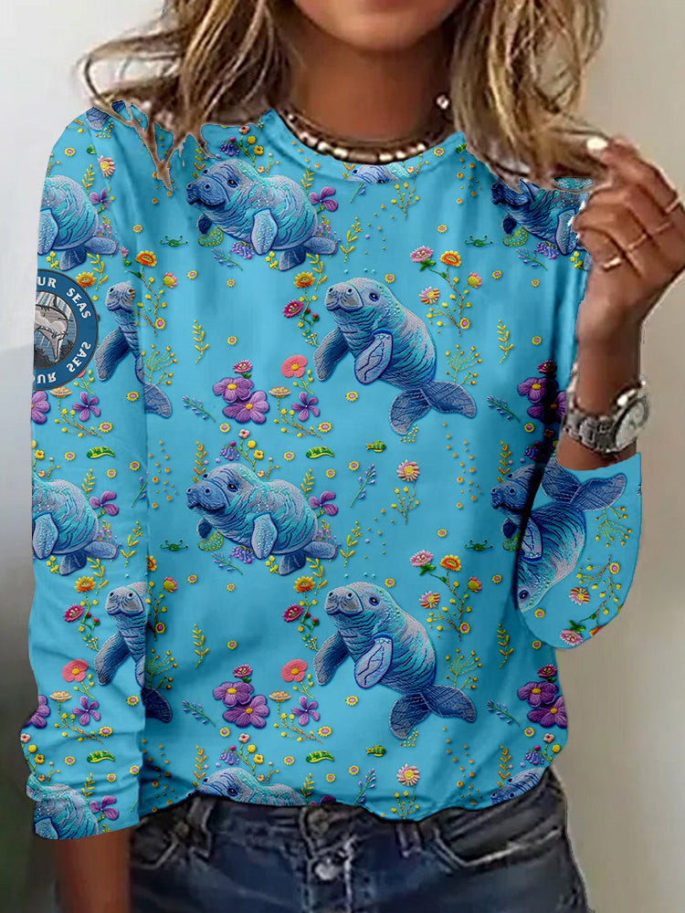 Comstylish Save Our Seas Floral Manatee Embroidered Comfy T Shirt