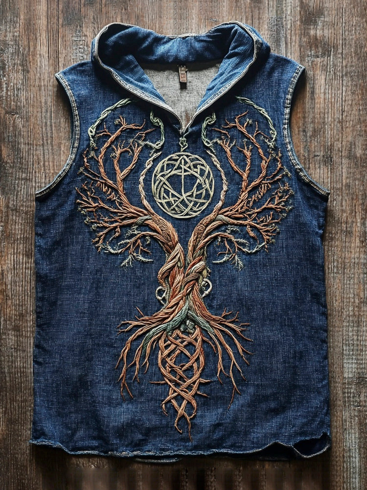 Viking Tree Of Life Vintage Embroidered Men's Hooded Tank Top elevenforest