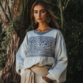Vintage Greek Key Motif Cretan Embroidery Linen Blend V-neck T-shirt elevenforest