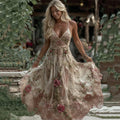 Women's Vintage Rose Embroidery Art V-neck Suspender Maxi Dress elevenforest