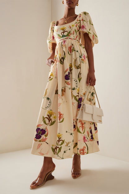 Embroidery Puff Sleeve Square Collar Midi Dress