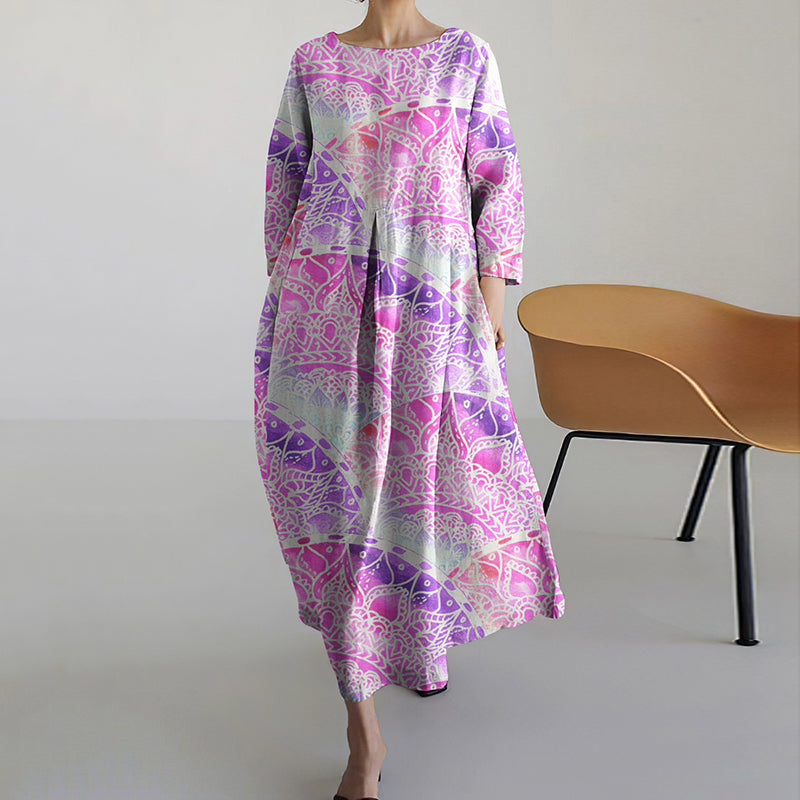 Women's Vintage Mandala Tie-dye Print Linen Dress elevenforest