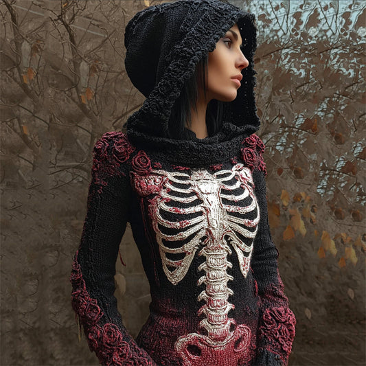 Comstylish Vintage Bloody Roses Skeleton Gradient Cozy Knit Hooded Sweater