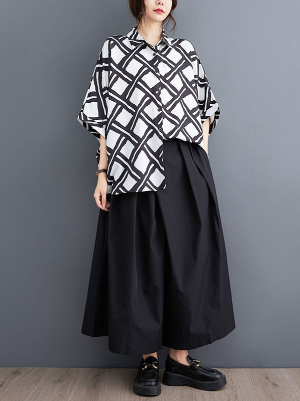 Batwing Sleeves High-low Buttoned Plaid Printed Lapel Blouses&shirts Tops