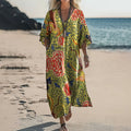 Women's Ethnic Floral Print V Neck Comfortable Cotton Dress elevenforest