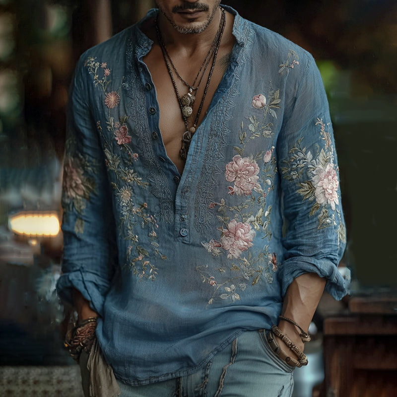 Men's Boho Floral Embroidered Cozy Linen Shirt elevenforest
