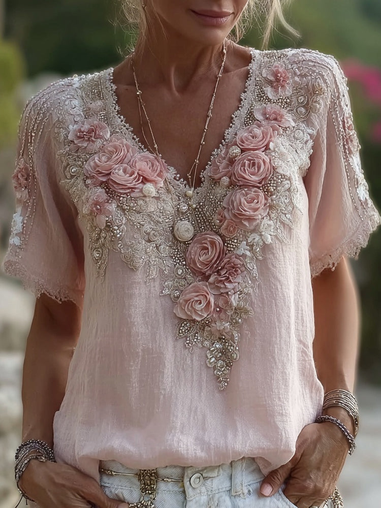 Vintage Boho Pink Roses Embroidered V Neck Linen Shirt elevenforest
