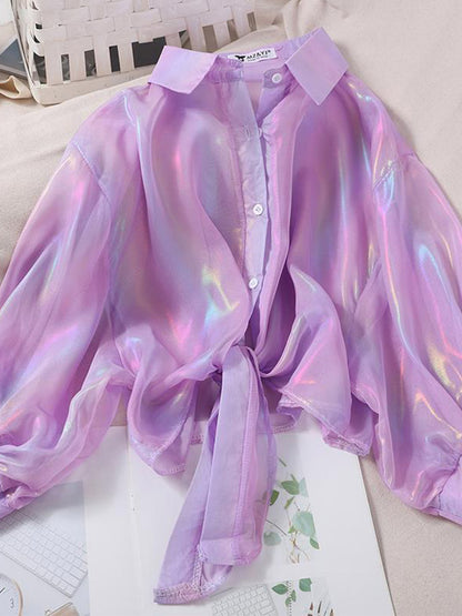 Buttoned Up Shirt Shirts Half Sleeve Shinning Sparkles Tied Waist Blouses for Autumn