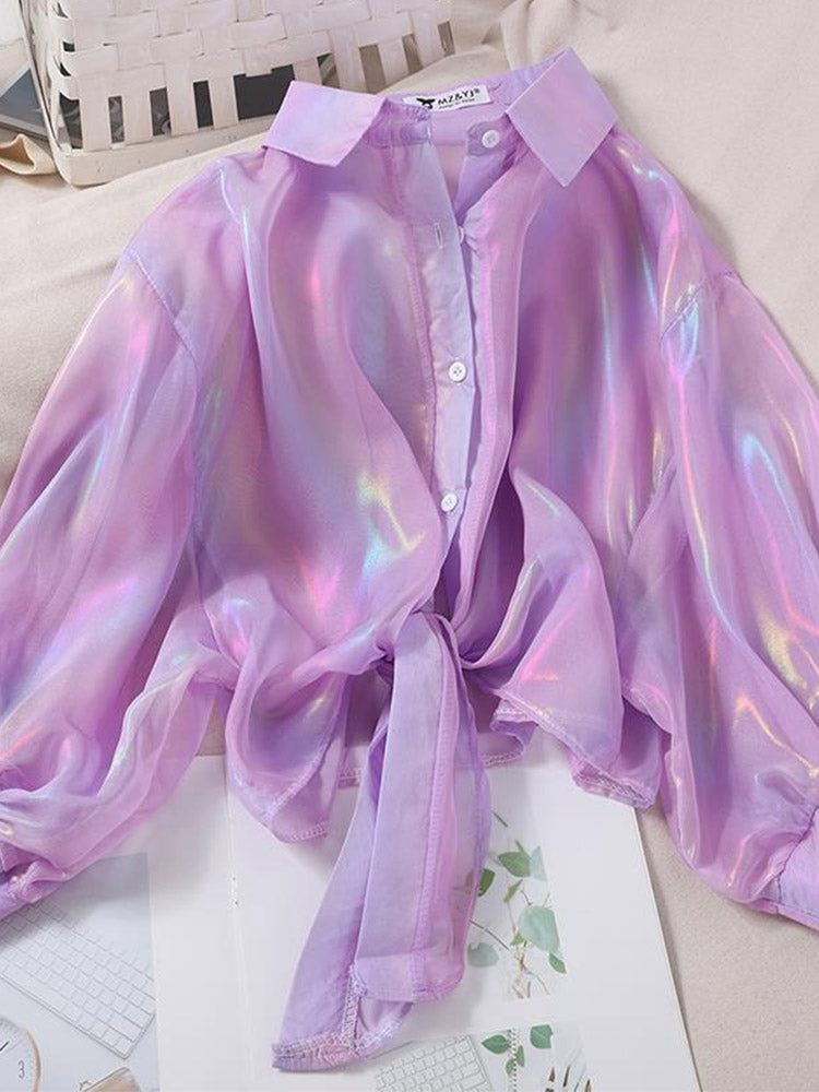 Buttoned Up Shirt Shirts Half Sleeve Shinning Sparkles Tied Waist Blouses for Autumn