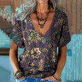 Women's Vintage Floral Art Print V-neck Linen Blend T-shirt elevenforest