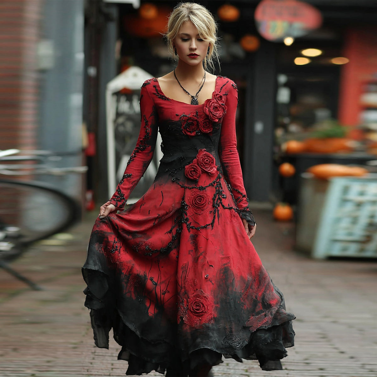 Retro Red Rose Embroidery Beaded Gradient Maxi Dress elevenforest