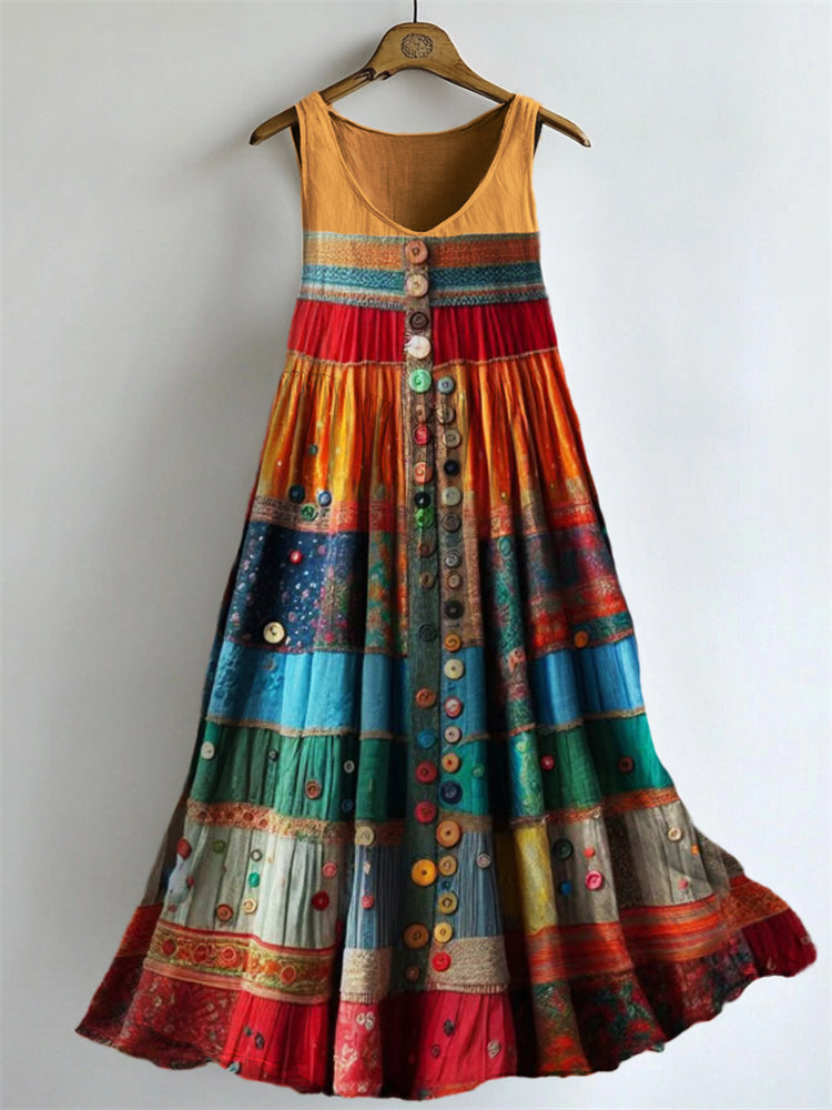 Boho Colorful Textile Flowy Linen Blend Tank Dress elevenforest