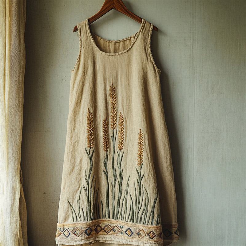 Lammas Cottage Wheat Embroidered Linen Mini Dress elevenforest
