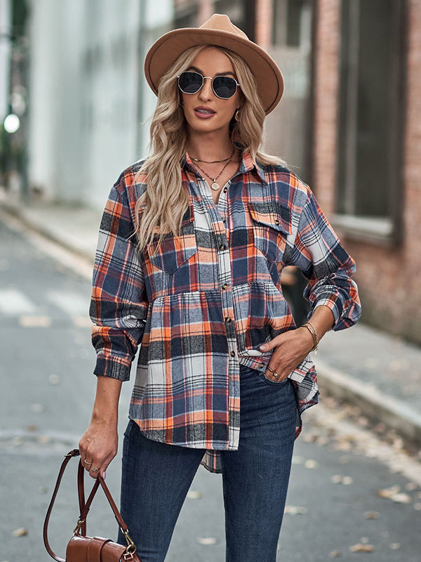 Loose Checkered Lapel Blouses&shirts Tops