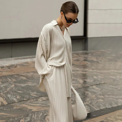 Autumn Straight Leg Pants Two Piece Set Western Clothing Pleated Shirt Trousers Set