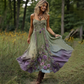 Vintage Classy Gradient Purple Lavender And Floral Embroidered Linen Suspender Long Dress elevenforest