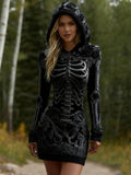 Comstylish Women's Halloween Skeleton Bones With Rose Art Cozy Knit Hooded Mini Sweater Dress