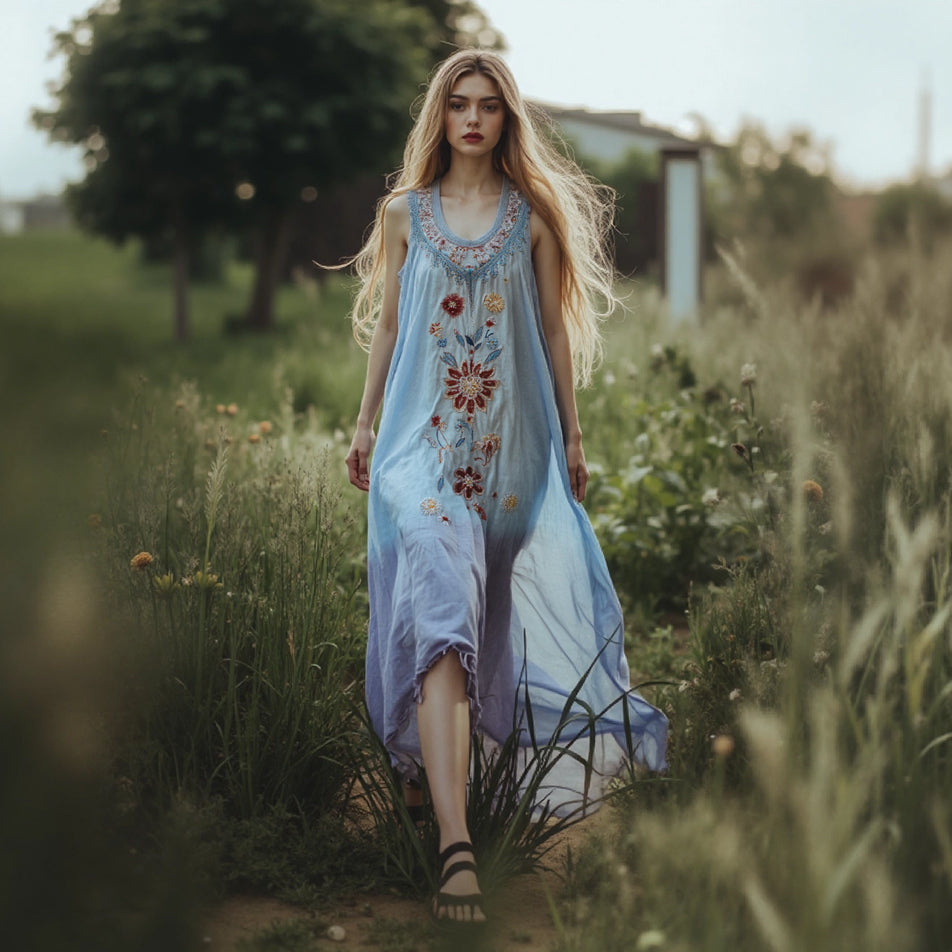 Women's Boho Floral Art Linen Tank Dress elevenforest