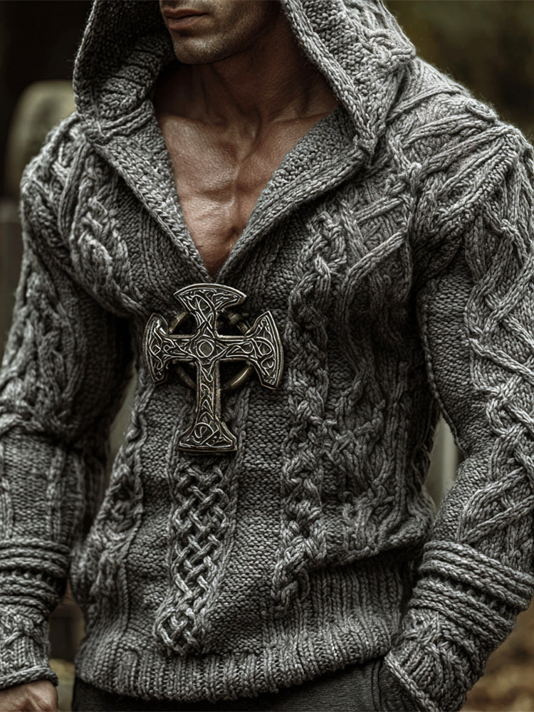 Halloween Faith Cross Art Men's Knit Hooded Sweater artswardrobe