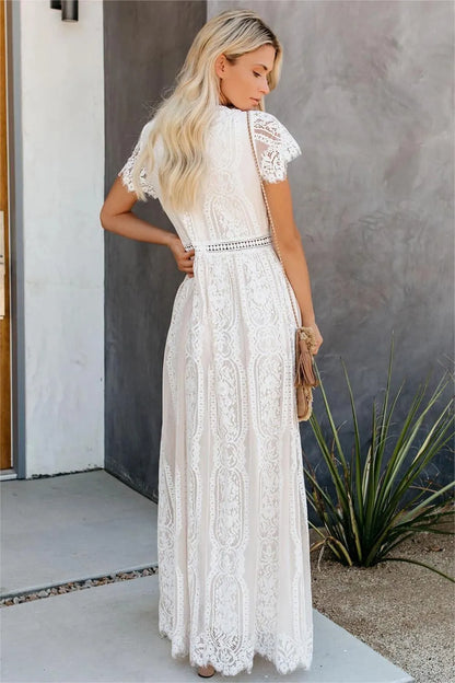 Lace Flutter Sleeve V-neck Maxi Dress