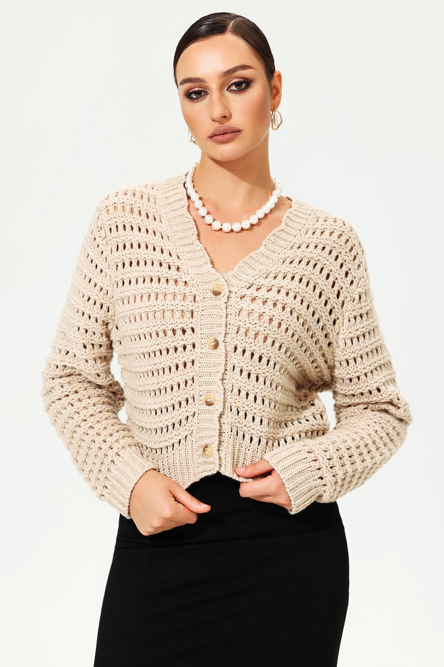 Woolen Long Sleeve V-neck Knit Cardigan