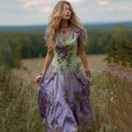 Women's Bohemian Floral Art Gradient Linen Maxi Dress
