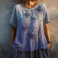 Vintage Boho Purple Roses Embroidered Gradient Linen T Shirt elevenforest