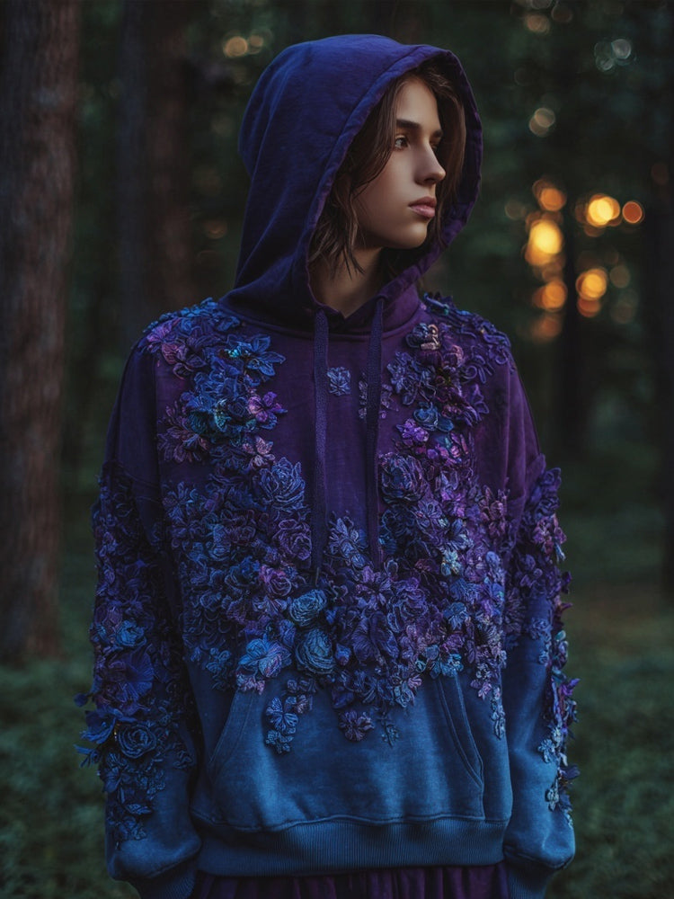 Vintage Flowers Embroidered Purple Gradient Comfy Hoodie elevenforest