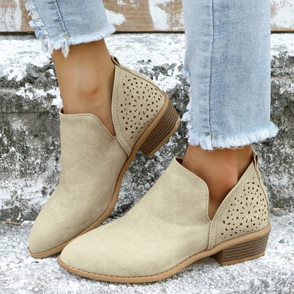 Ankle V Cut Short Boots, Hollow Out Chunky Heel Pointed Toe Shoes, Footwear Se1033
