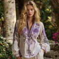 Vintage Purple Floral Embroidery Linen V Neck Long Sleeve Shirt elevenforest
