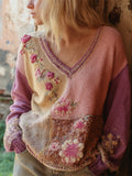 Boho Floral Embroidery Color Block Women's V-neck Sweater elevenforest