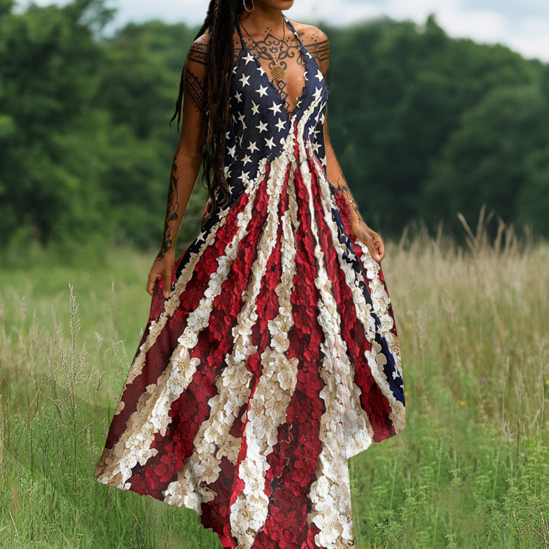 Independence Day Flag Floral Art Inspired Patchwork Maxi Dress elevenforest