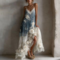 Women's Retro White Rose Gradient Pattern Casual Sleeveless Dress elevenforest