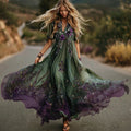 Women's Purple Rose Pattern Gradient Elegant V-neck Dress elevenforest