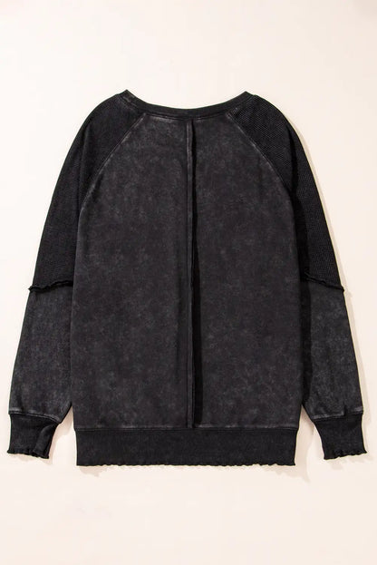 Black Waffle Knit Raglan Sleeve Sweatshirt