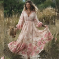 Bohemian Forest Farmhouse Retro Floral Printed Women's V-neck Cotton And Linen Dress elevenforest