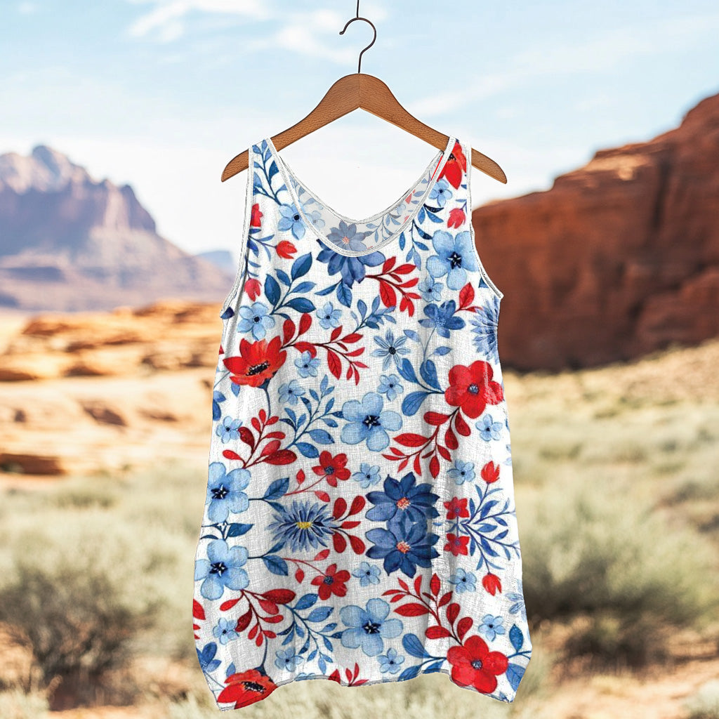 Women's Loose Independence Day American Beauty Floral Linen Sleeveless Tank Top elevenforest