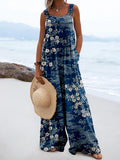 Japanese Floral Art Pattern Linen Blend Comfy Jumpsuit elevenforest