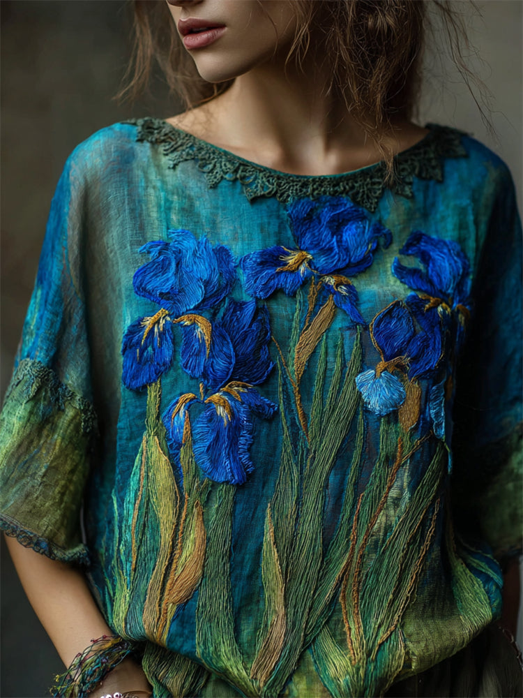 Oil Painting Inspired Irises Embroidered Flowy Linen Tunic elevenforest