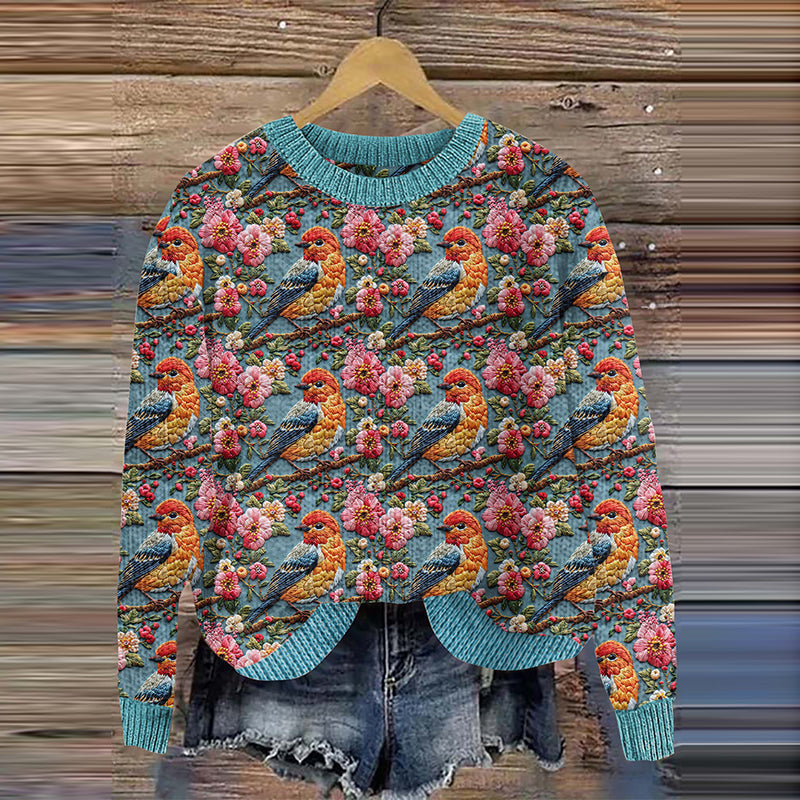 Retro Flower And Bird Art Print Knitted Pullover Sweater artswardrobe