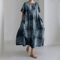 Vintage Japanese Art Chrysanthemum Print Round Neck Short Sleeve Midi Dress elevenforest