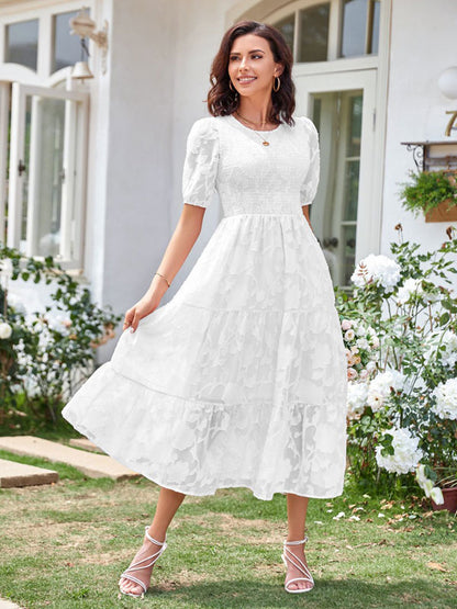 Summer Midi Dress Ecru White Jewel Neck Lace Beach Dress