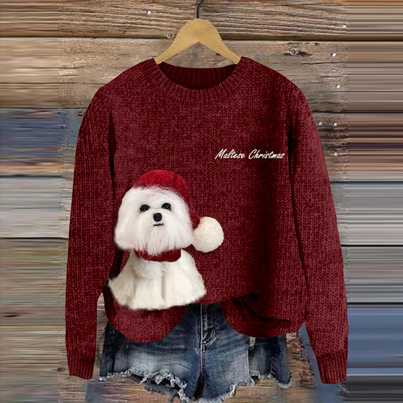 Comstylish Funny Maltese Christmas Wool Felt Art Cozy Sweater