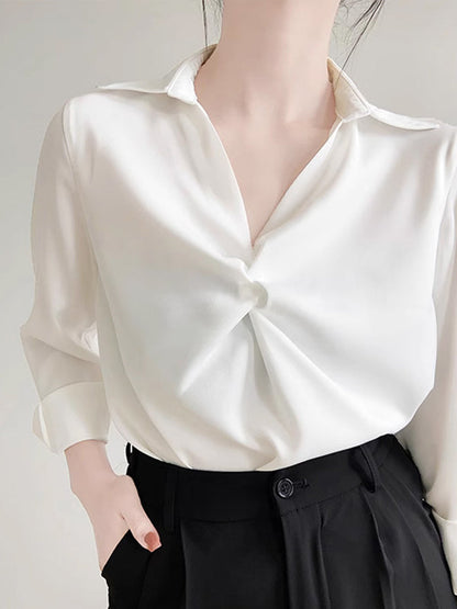 Long Sleeves Loose Knot Color Lapel Blouses&shirts Tops