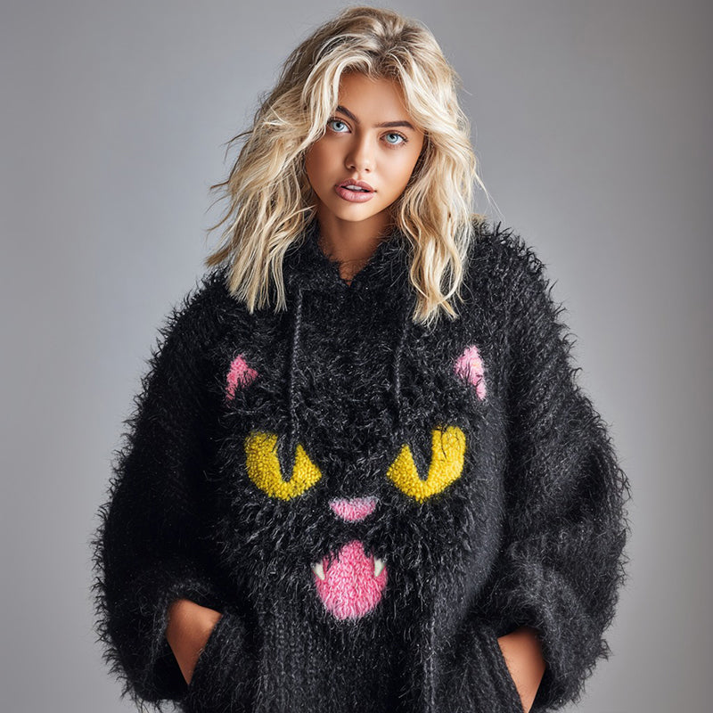 Comstylish Women's National Black Cat Day Cute Cat Art Knitted Fuzzy Hooded Sweater