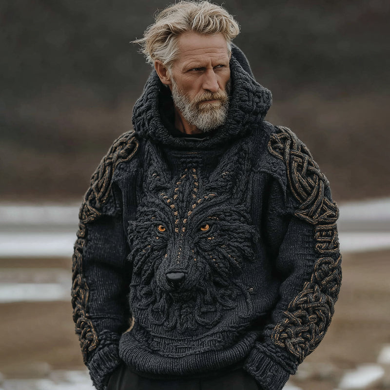 Men's Vintage Viking Celtic Knot Wolf Knit Hooded Sweater artswardrobe