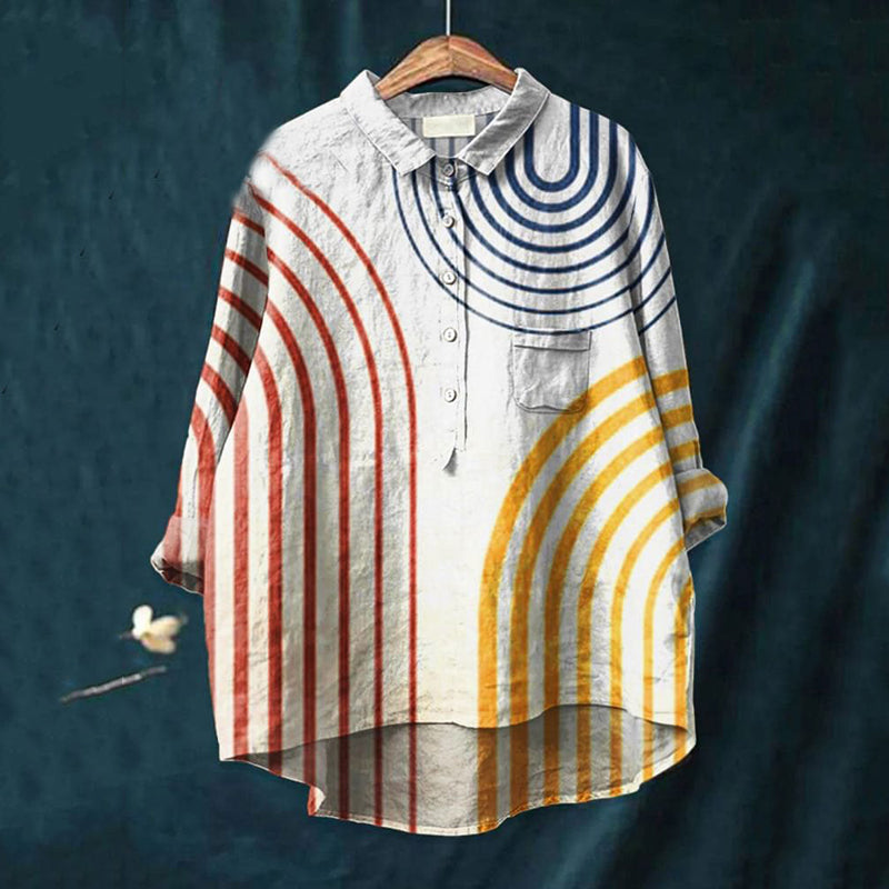 Striped Art Print Long Sleeve Casual Shirt elevenforest