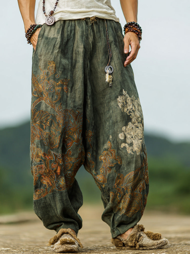 Men's Retro Bohemian Plant And Floral Embroidered Print Pants elevenforest
