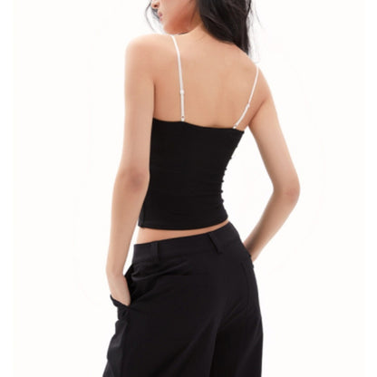 Black Lace Patchwork Sling Tops Elasti Crop Top Summer Backless Sleeveless Tank Top Y2k Clothes Camisole Vest
